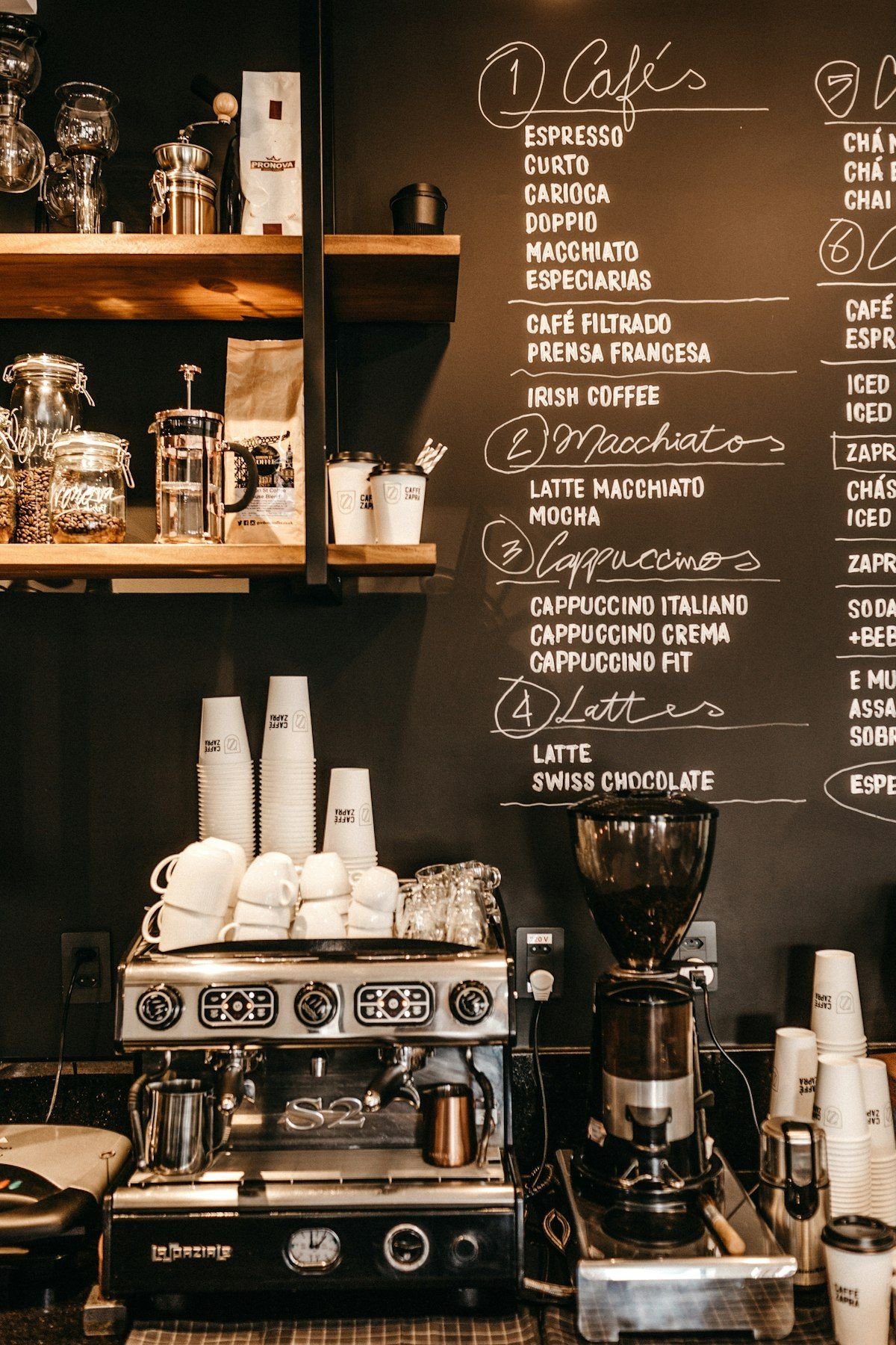 Espresso machine and grinder on a café bar counter