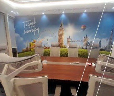 London-themed meeting room with Big Ben mural