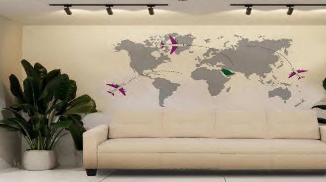 Lounge with world map flight-route installation