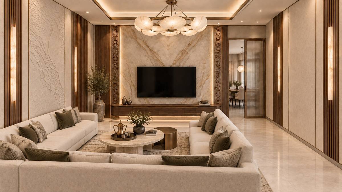 Standard tier formal living room with fluted wood TV wall