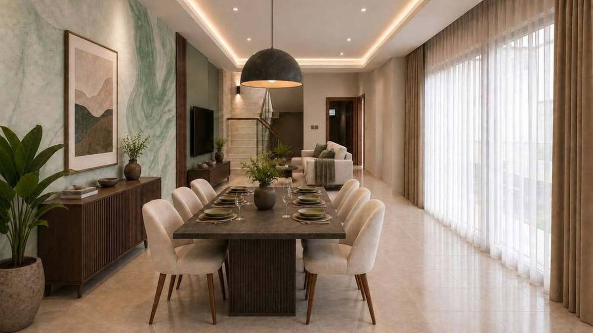 Medium tier living and dining space with green stone-effect feature wall