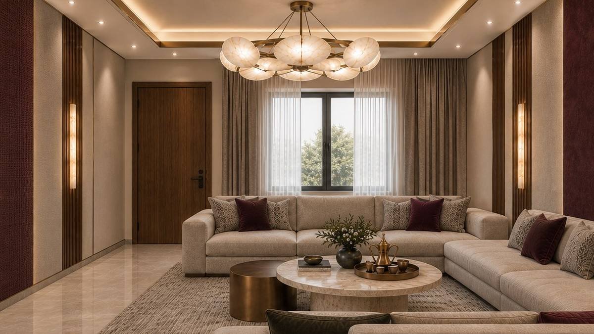 Formal majlis in burgundy and bronze tones