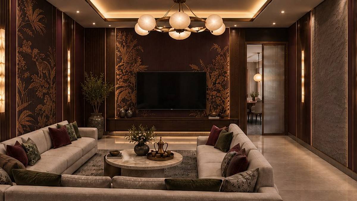Premium tier living room, burgundy palette, alternate angle