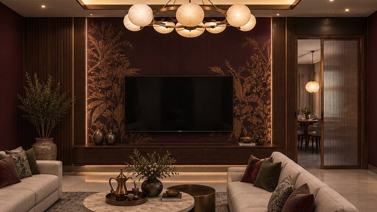 Premium tier living room with burgundy botanical mural wall