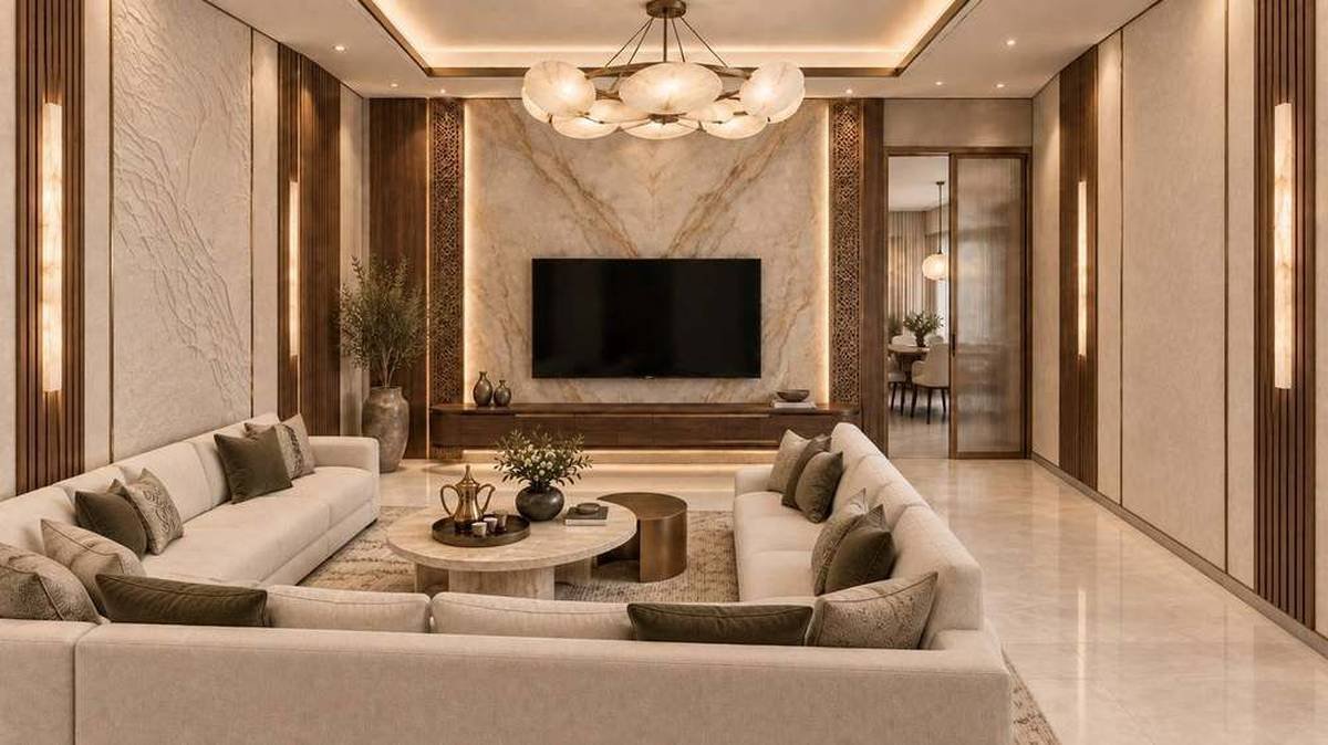 Premium tier living room in ivory and onyx palette