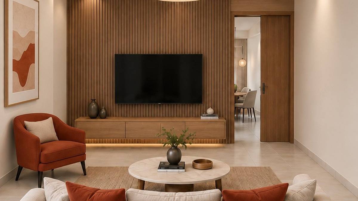 Standard tier living room with timber slat wall and terracotta accents