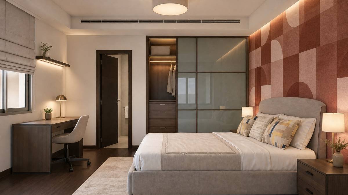 Third bedroom with geometric accent wall and built-in wardrobe