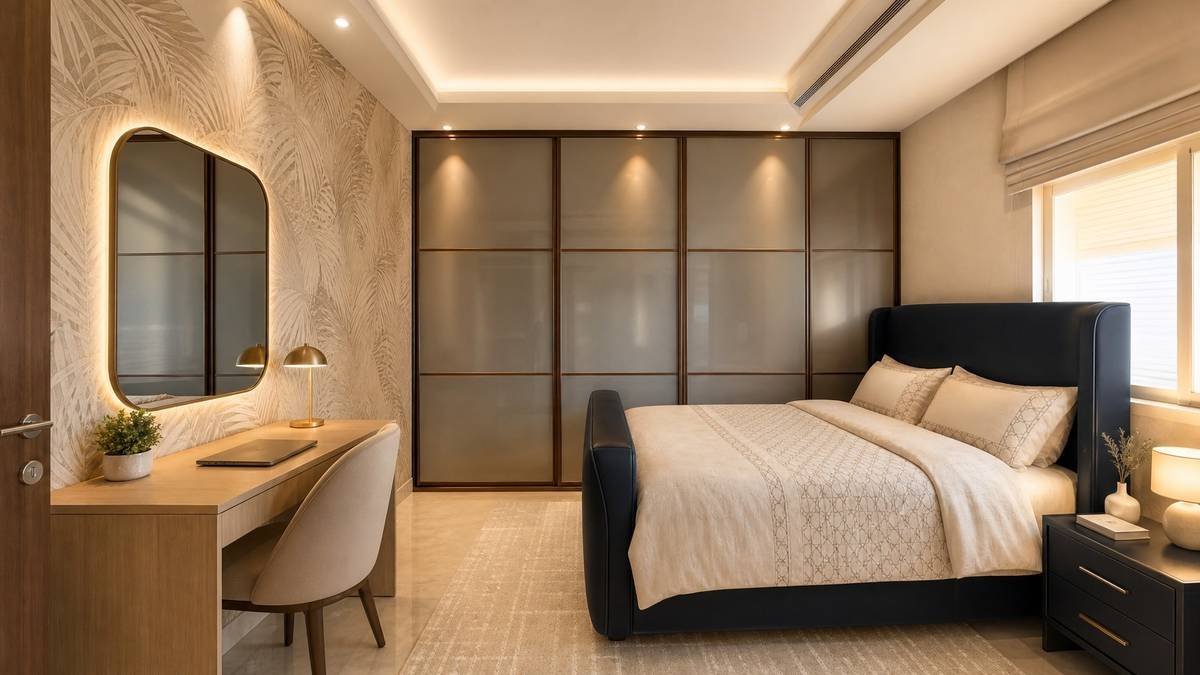 Secondary bedroom with backlit mirror vanity and sliding wardrobe wall