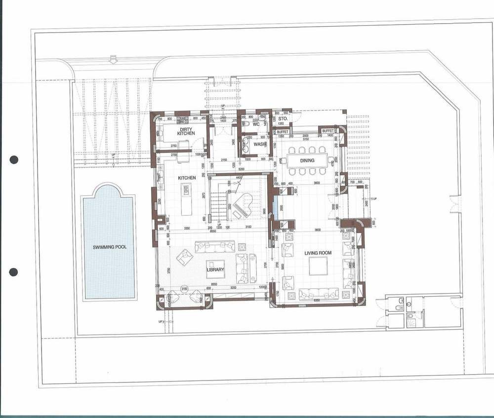 Ground floor architectural plan of the villa showing living, dining, library and pool terrace
