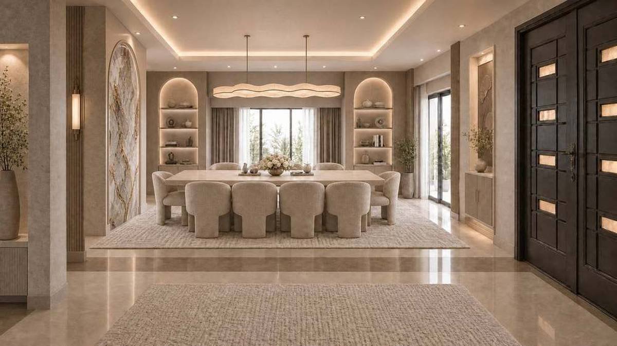 Formal dining room with wave-form pendant fixture and arched niches