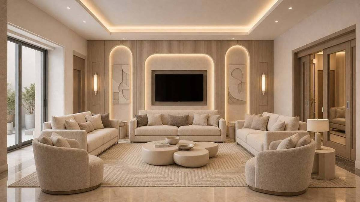 Formal living room with textured stone wall and sculptural chandelier