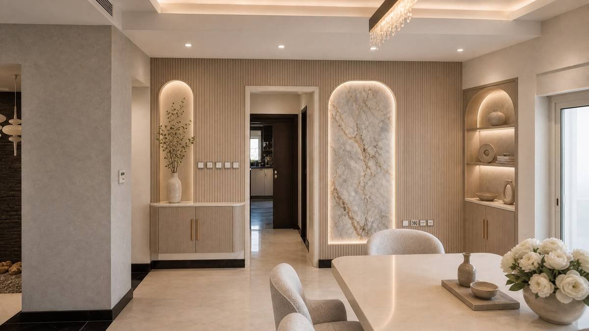 Interior foyer with arched marble feature niche and console