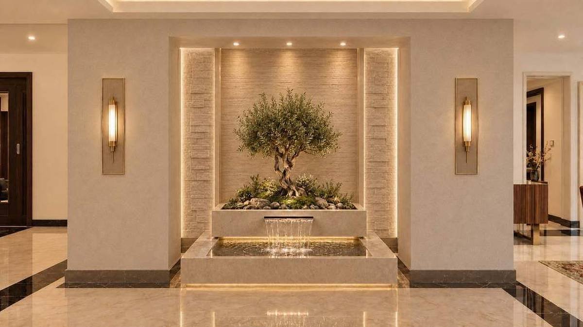 Villa entry with marble water feature and sculpted olive tree