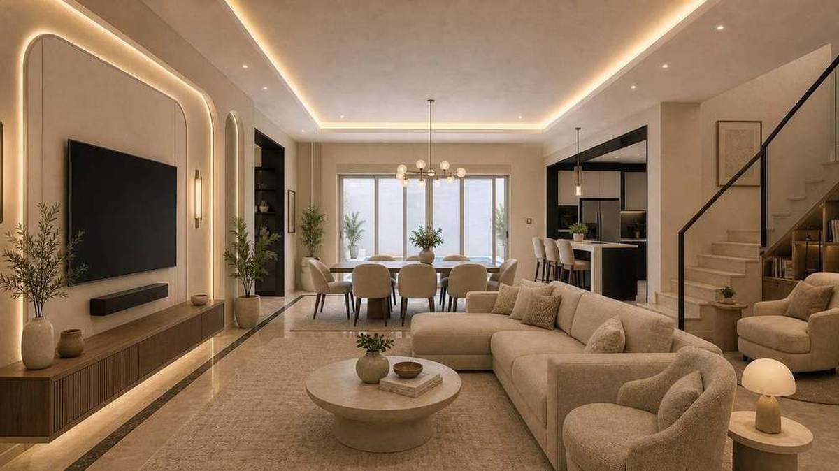 Open-plan family living, dining and kitchen great room