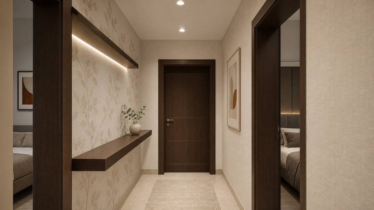 Bedroom corridor with floating console and botanical wallcovering