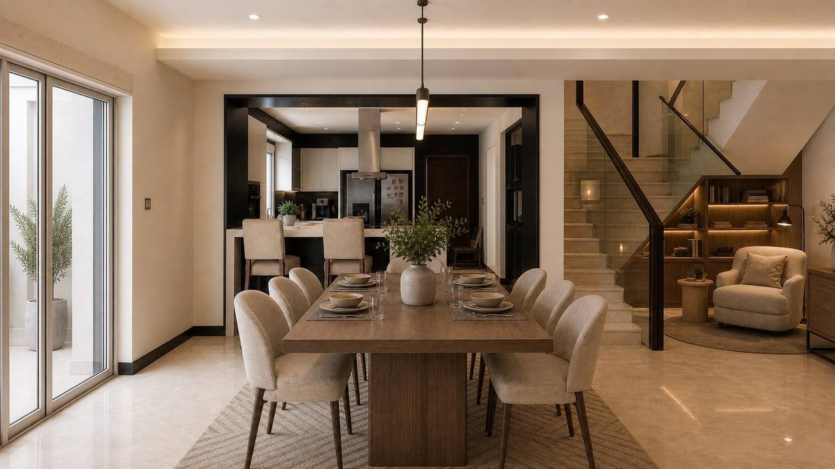 Open kitchen and dining area with staircase and living room beyond