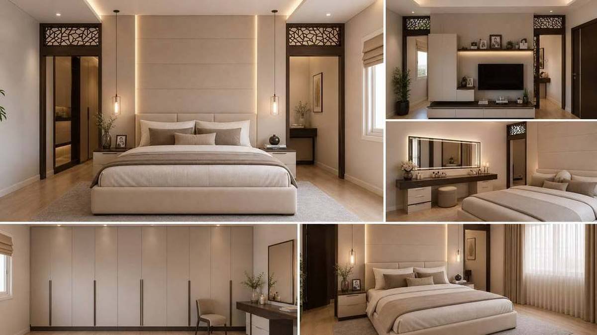 Master bedroom suite with upholstered headboard wall and dressing area