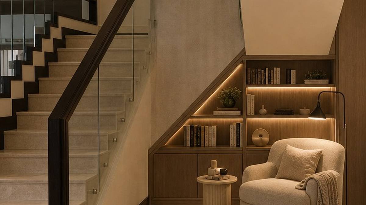 Reading nook and library beneath the staircase